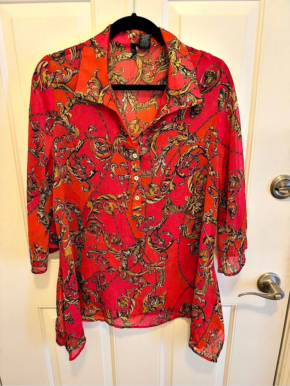 New Directions Paisley Button Down in Red & Orange Size Large